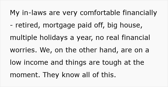 Text excerpt from a mom explaining financial struggles while grandparents combine birthday and Christmas gift.