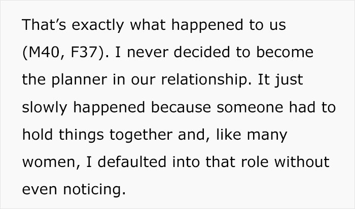 Text excerpt discussing a woman reflecting on unintentionally becoming the planner in her relationship, relating to chaos.