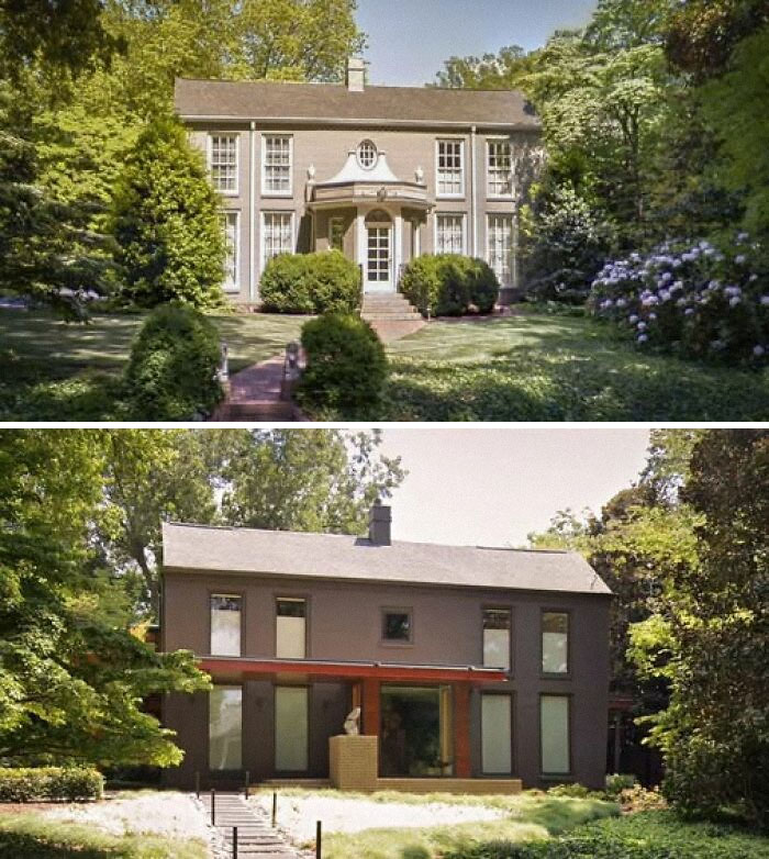 Comparison of two buildings surrounded by trees showcasing ugly unesthetic and depressing modern architecture designs.