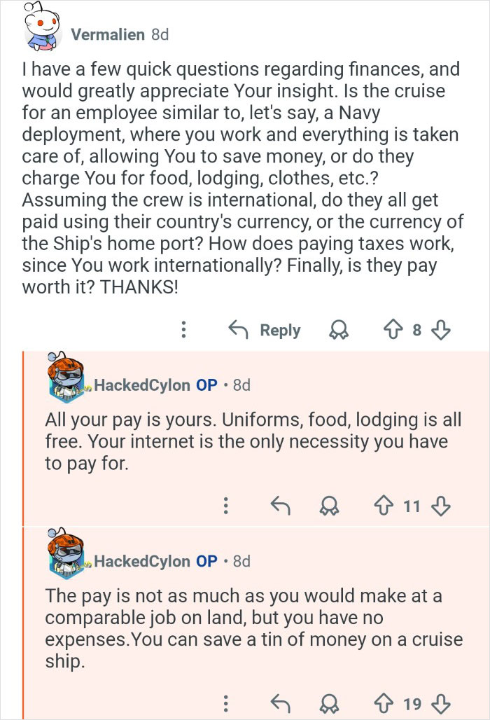 Reddit user explains cruise ship employees’ pay and expenses, sharing behind the scenes look at their workplace finances.