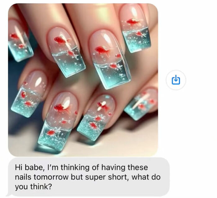 Close-up of long nails with intricate goldfish design and a client text asking about shorter nails, showing entitled client behavior.