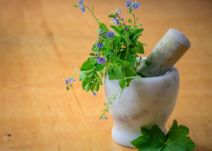 Marble mortar and pestle with fresh herbs, illustrating common knowledge about natural remedies and cooking.