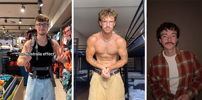 Before and after photos showing how Australia changes people with visible physical and style transformations.