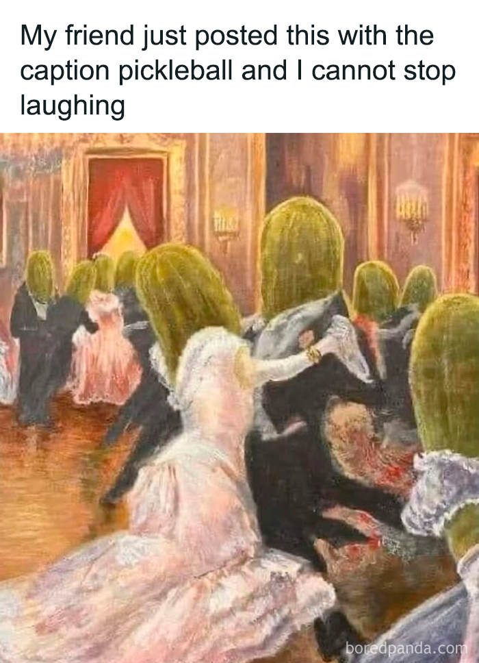 Painting-style meme with people having pickle heads dancing in formal attire, a funny meme from randomly funny memes collection.