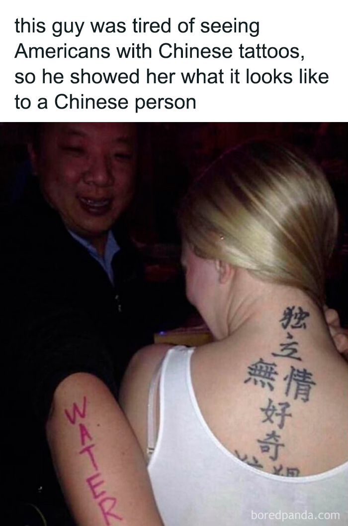 Man showing woman a humorous tattoo in Chinese characters, part of funny memes that make life feel lighter.