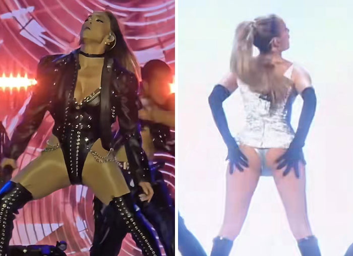 Jennifer Lopez wearing daring stage outfits and performing energetically during a live concert at age 56. Jennifer Lopez wearing daring stage outfits and performing energetically during a live concert at age 56.
