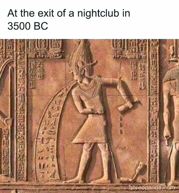 Ancient Egypt meme showing a carved figure appearing to vomit at a nightclub exit in 3500 BC with hieroglyphics.