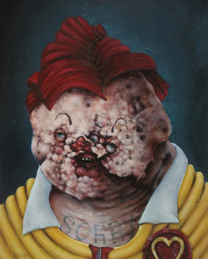 Creepy horror painting by Tyler Tilley showing a distorted face with a red hairstyle and a yellow outfit with heart emblem.