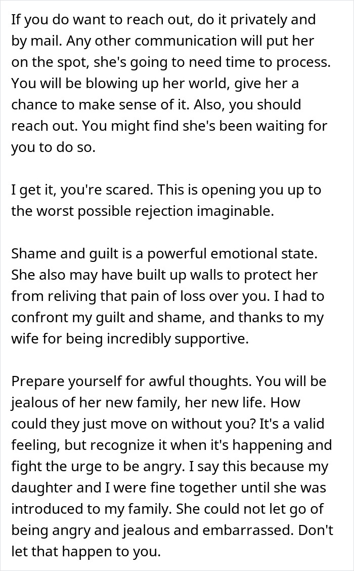 Text discussing emotional challenges and advice for a woman wanting to reunite with her bio family amid adoptive parents' threats.