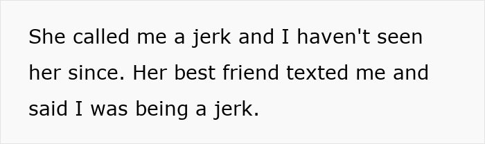 Text stating a guy is called a jerk by a girl after she cries about sitting on his lap, revealing feelings he later discovers.