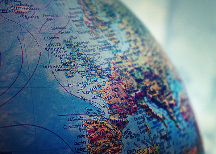 Close-up of a globe showing Europe with detailed place names, illustrating common knowledge about geography that surprises people.
