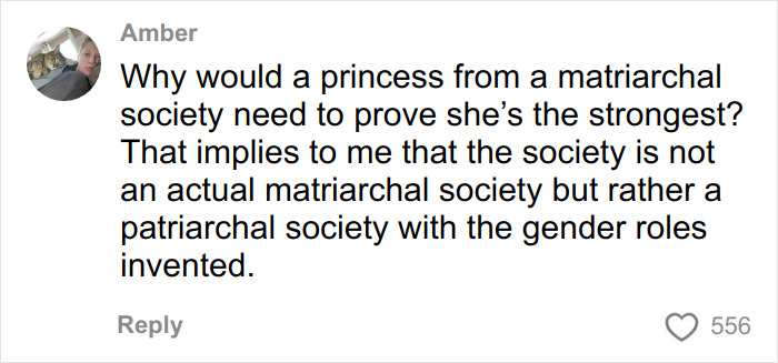 Comment questioning the logic of a matriarchal society in a discussion about romantasy books and gender roles.