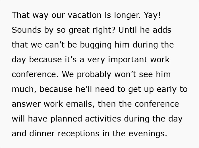 Text discussing a man prioritizing work during a conference, ignoring his family despite his wife wanting to stay connected. Text discussing a man prioritizing work during a conference, ignoring his family despite his wife wanting to stay connected.