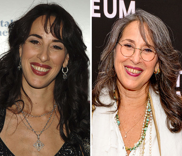 Side-by-side photos of a woman showing remarkable celebrity transformations with gray hair and glasses in 2025.
