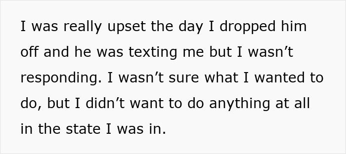 Text excerpt expressing emotional distress about dropping someone off and ignoring their texts during a difficult breakup situation. Text excerpt expressing emotional distress about dropping someone off and ignoring their texts during a difficult breakup situation.