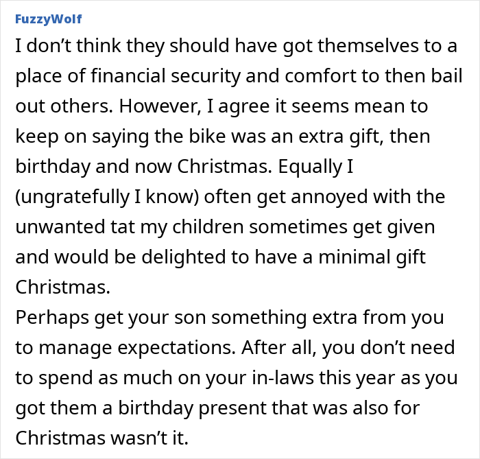 Comment from FuzzyWolf discussing grandparents combining birthday and Christmas gifts, with mom feeling scammed and managing expectations.