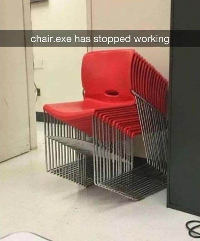 Stack of red chairs distorted to look like a glitch with caption chair.exe has stopped working, representing pics that go hard.
