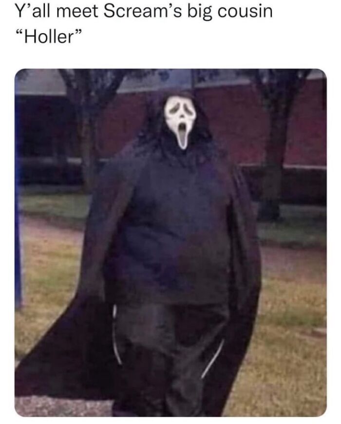 Person wearing an oversized black costume and scream mask standing outdoors in a funny meme with random memes keyword.