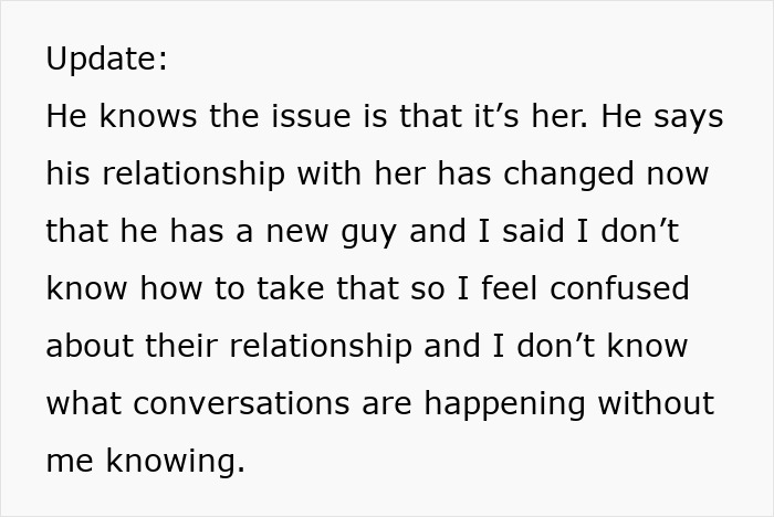 Text update about girlfriend feeling uneasy with boyfriend hosting newly single friend and concerns over sleeping arrangements.