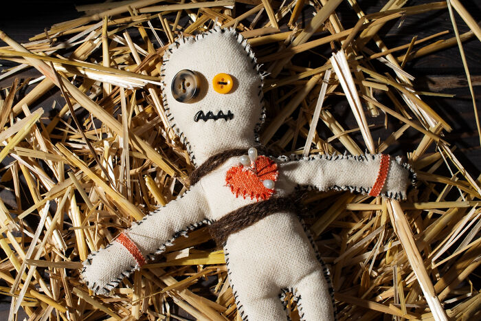 Handmade voodoo doll with button eyes and stitched mouth lying on straw, symbolizing quirky most insane dog mom things.