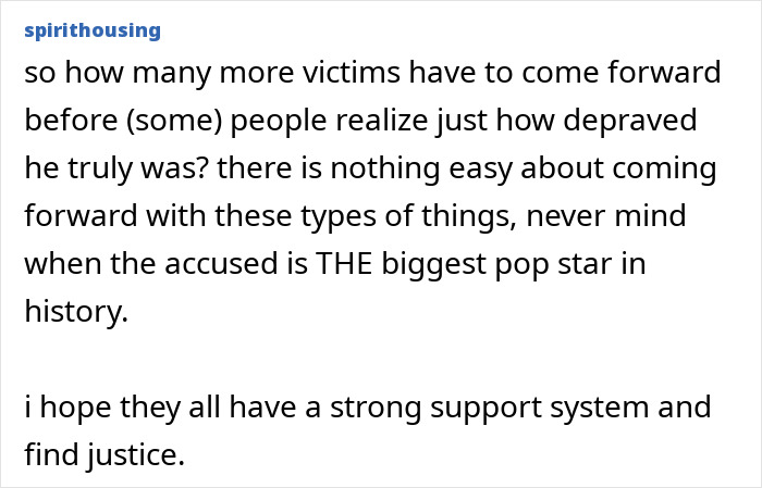 Comment discussing disturbing new allegations against Michael Jackson, questioning how many victims will come forward.