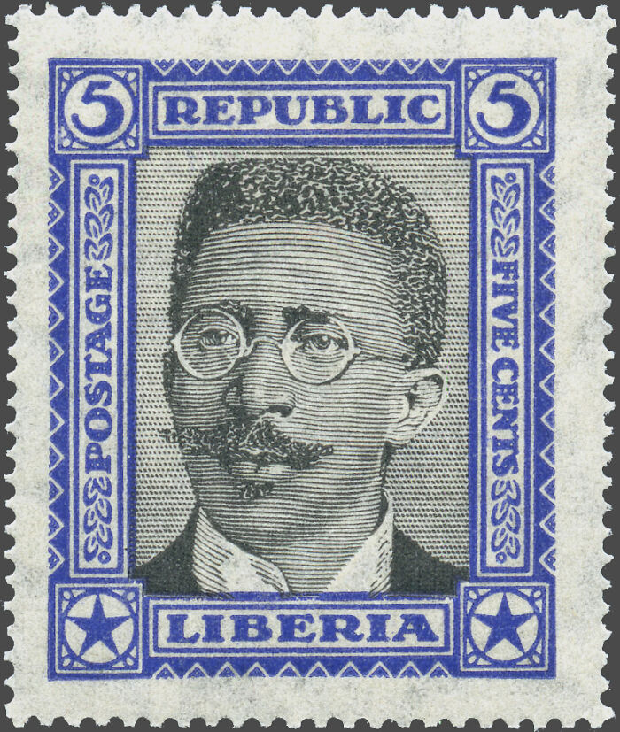 Vintage Liberian postage stamp featuring a detailed portrait of a man with glasses and a mustache, highlighting historical events.