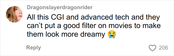 Comment on social media discussing CGI and advanced tech failing to improve the look of modern movies, highlighting millennial gray trends.