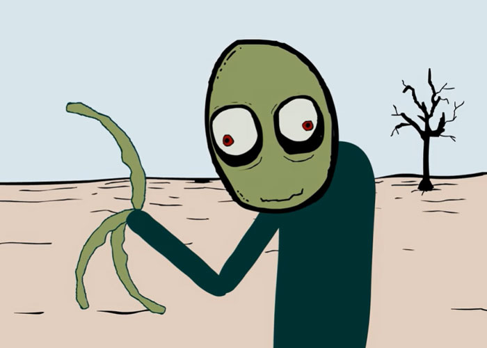 Animated green creepy figure with large eyes in a barren landscape representing terrifying things found online.