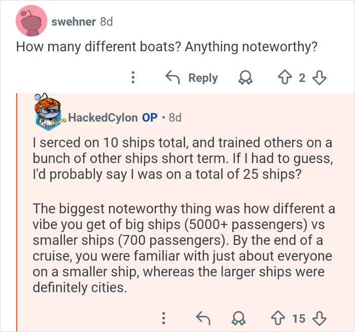 Reddit conversation where cruise ship employees share behind the scenes insights about working on different sized ships.