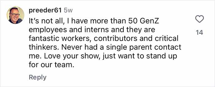Screenshot of a comment praising Gen-Z employees as hardworking contributors with no parents contacting employers.