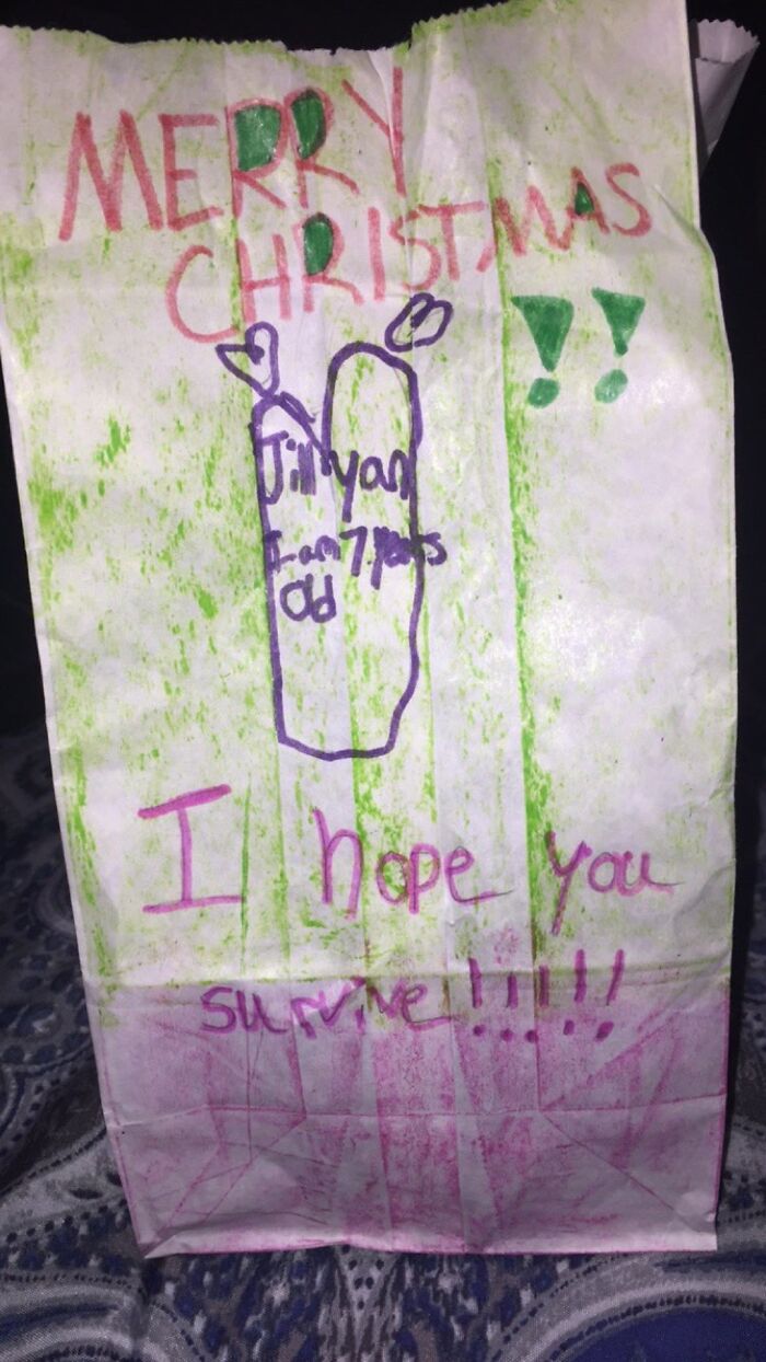 Child's handmade letter to U.S. soldiers with a colorful Merry Christmas message and a hope they survive.