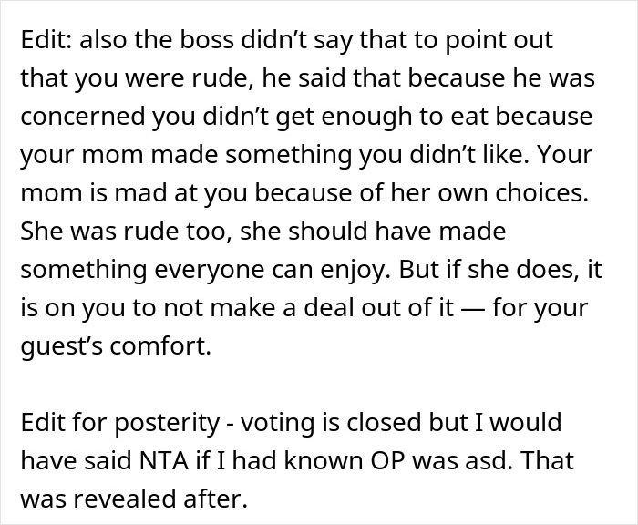 Text explaining a dinner situation where a man picks at his food during a meal with his mom’s boss, questioning if he ruined everything. Text explaining a dinner situation where a man picks at his food during a meal with his mom’s boss, questioning if he ruined everything.
