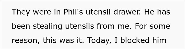 Text excerpt about a woman confronting her boyfriend for stealing utensils, highlighting a tense personal conflict.