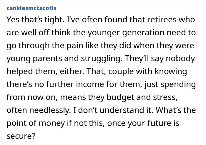 Text post discussing retirees combining birthday and Christmas gifts, with a mom feeling scammed by grandparents' budgeting choices.