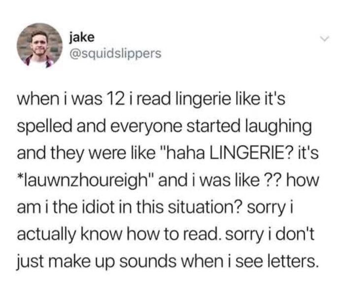 Text meme about mispronouncing lingerie, featured in a collection of random memes for a quick laugh today.