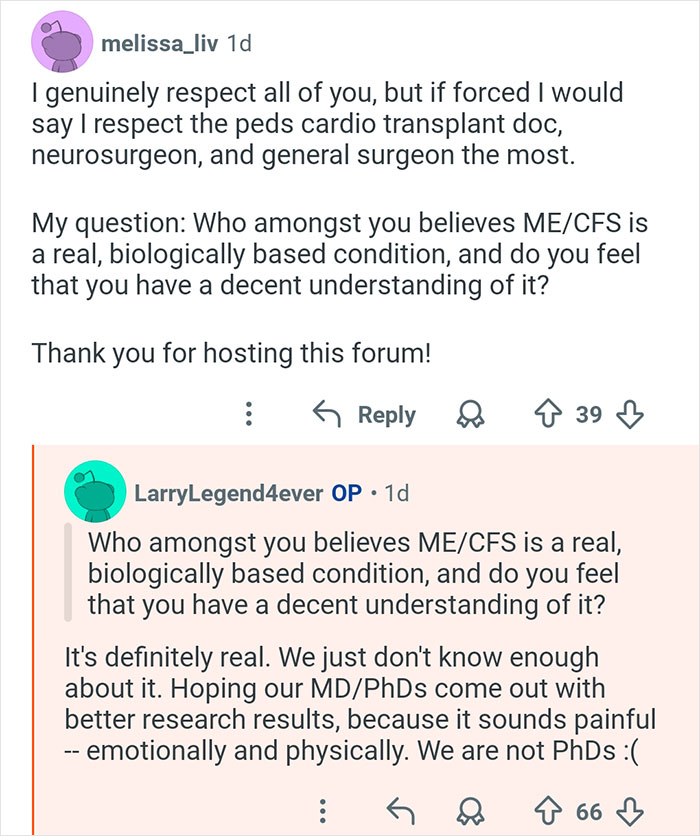 Online discussion featuring doctors answering questions about ME/CFS in a medical forum with detailed patient inquiries.