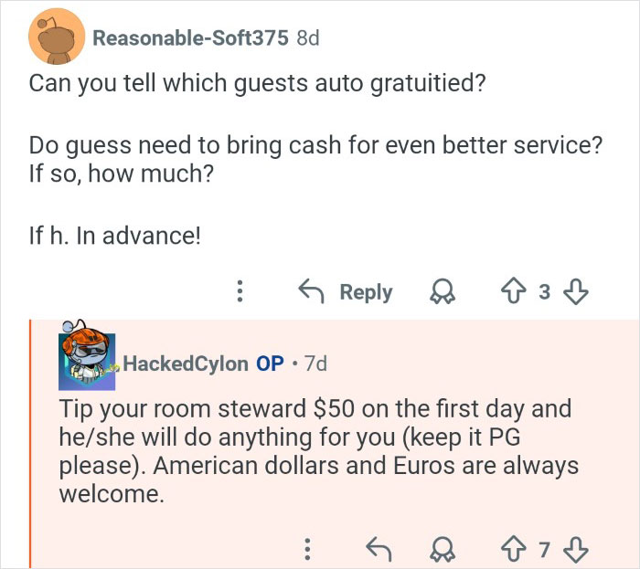 Cruise ship employees share insider tips on gratuities and behind the scenes workplace experiences on board.