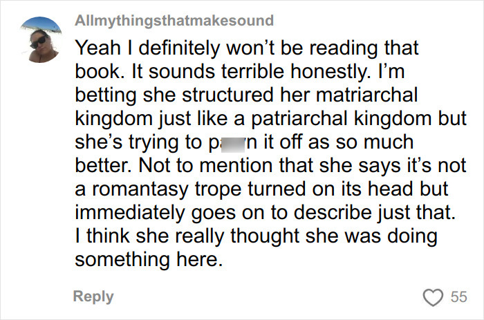 Comment criticizing an author&rsquo;s view on romantasy books and their portrayal of gender dynamics.