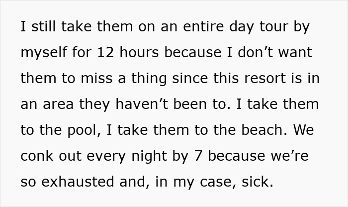 Text excerpt showing a man describing caring for family despite prioritizing work and feeling exhausted and sick. Text excerpt showing a man describing caring for family despite prioritizing work and feeling exhausted and sick.