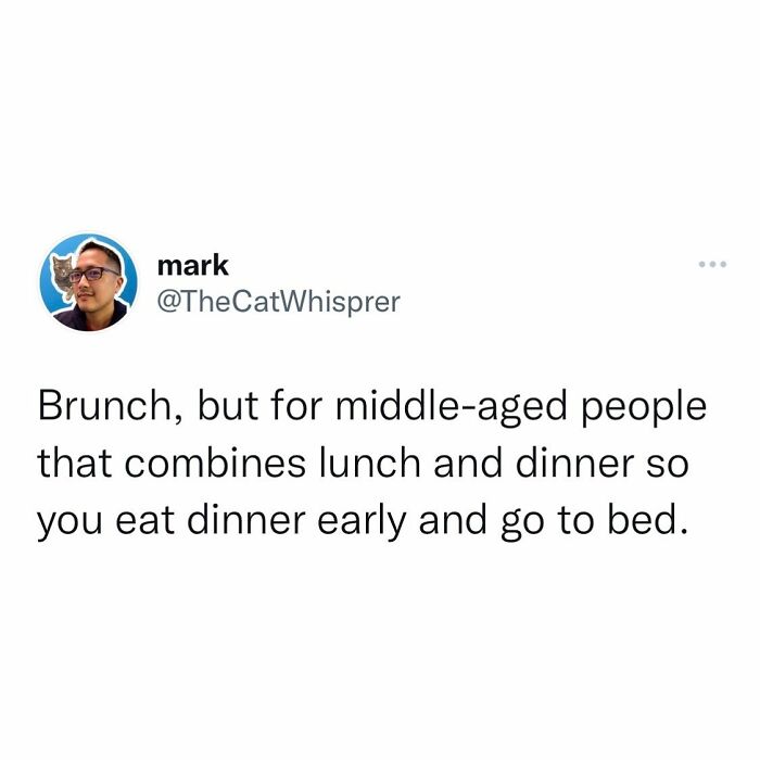Tweet by mark humorously defining brunch for middle-aged people, relating to relatable parenting and marriage tweets about daily life.