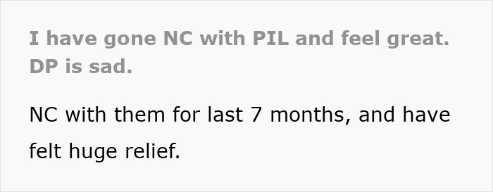 Text post showing someone saying they have gone no contact with father-in-law and feel great after 7 months of relief