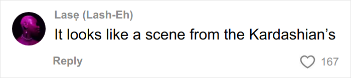 Comment on social media post saying it looks like a scene from the Kardashians, with 167 likes, discussing movies are millennial gray.