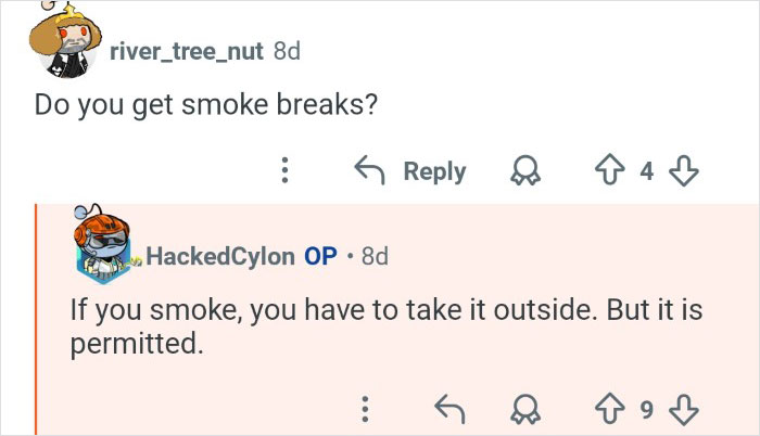 Screenshot of a conversation discussing smoke breaks as part of the behind the scenes look at cruise ship employees’ workplace.