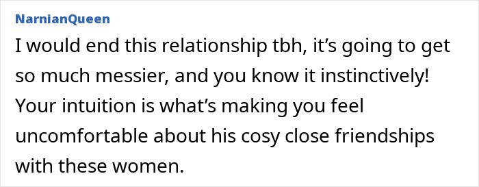 Screenshot of a comment discussing a girlfriend feeling uneasy about boyfriend&rsquo;s plans to host a newly single friend.