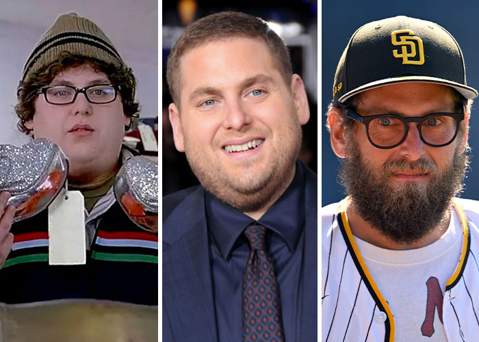 Actor Jonah Hill in 2005, 2015, and 2025 showcasing his transformation in then and now shots of stars.