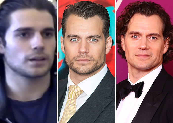 Actor Henry Cavill in then and now shots from 2005, 2015, and 2025 showing his changing appearance over time.