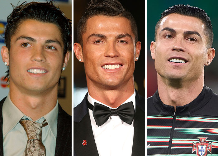 Cristiano Ronaldo then and now photos from 2005, 2015, and 2025 showing his changing star appearance over time.
