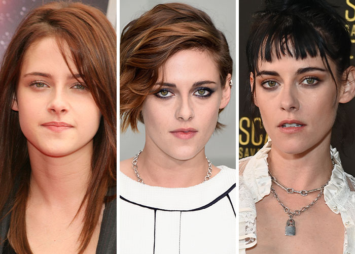 Kristen Stewart in 2005, 2015, and 2025 photos showing her evolving style and appearance over the years.