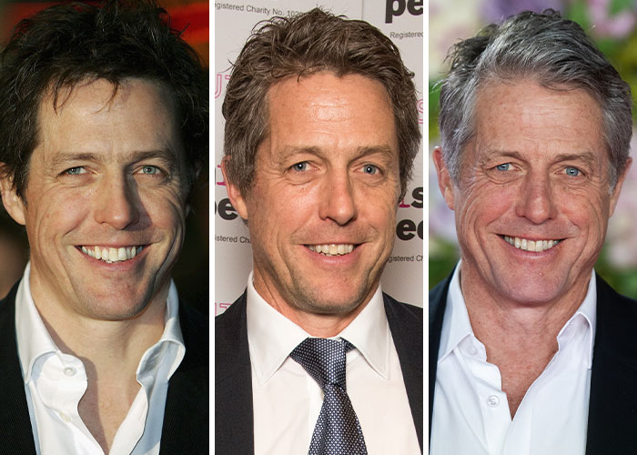 Actor Hugh Grant in three portraits showing his appearance changes from 2005, 2015, and 2025 in stars then and now shots.