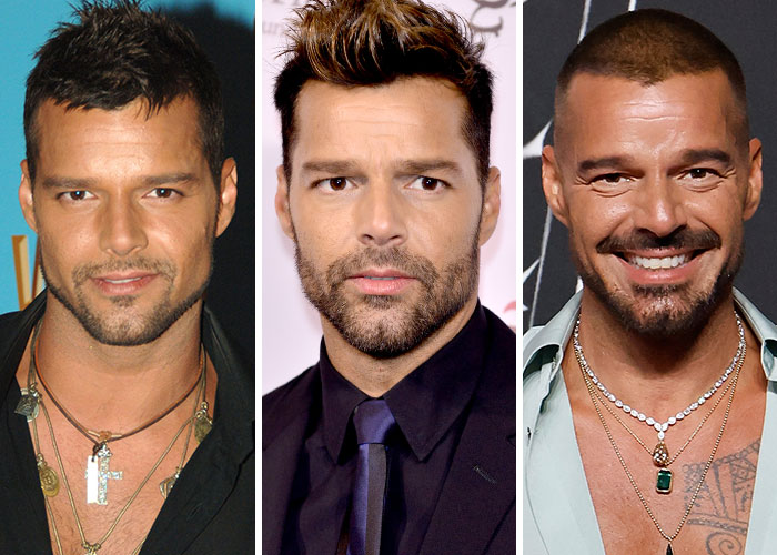 Ricky Martin in then and now shots from 2005, 2015, and 2025 showing changes in style and appearance.